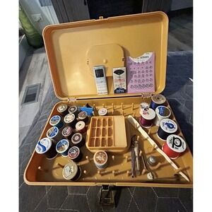 VTG WILSON WIL-HOLD USA Yellow ORANGE SEWING SPOOL BOX, STOCKED WITH SUPPLIES